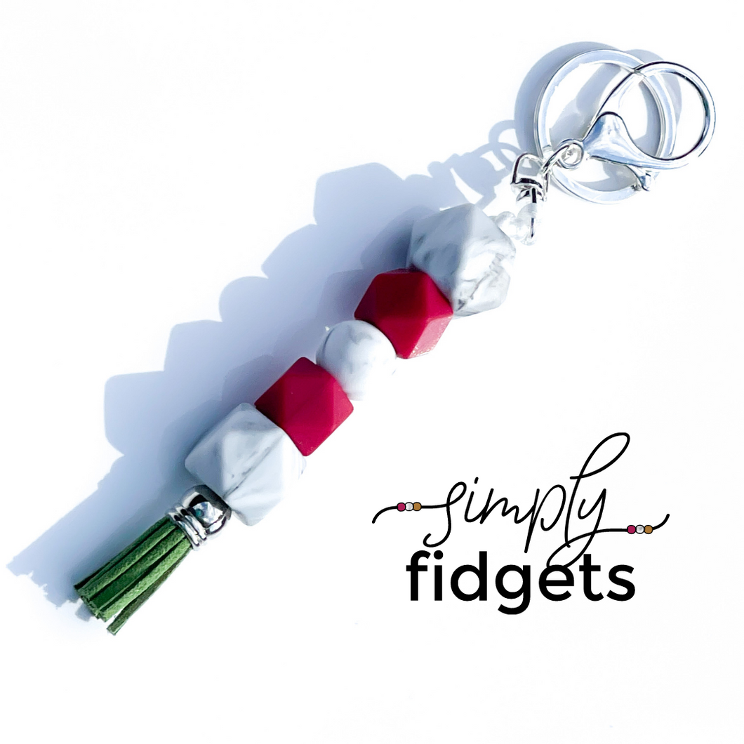 Marble Hexagon with Green Fringe Tassel On-The-Go Sensory Fidget Keychain